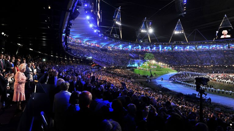 Queen Elizabeth II (left) makes a speech at the Olympic Games 2012 Opening Ceremony at the Olympic Stadium, London.
Read less
Picture by: John Stillwell/PA Archive/PA Images
Date taken: 28-Jul-2012