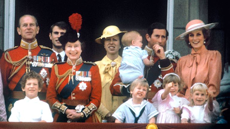 PA NEWS PHOTO 17/6/85  PRINCE CHARLES WITH PRINCESS DIANA, BABY PRINCE HENRY, PRINCE WILLIAM, THE DUKE OF EDINBURGH, PRINCE EDWARD, THE QUEEN AND PRINCESS ANNE ON THE BALCONY OF BUCKINGHAM PALACE, LONDON TO WATCH THE FLY PST  