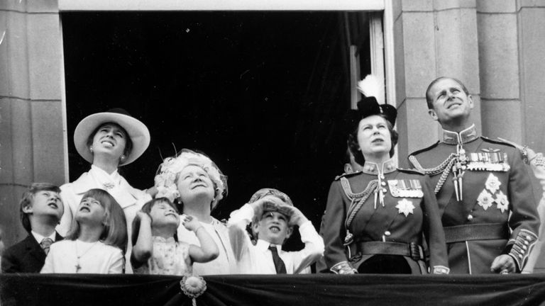 1971: The Earl of St Andrews, Lady Helen Windsor, Princess Anne, Lady Sarah Armstrong-Jones, the Queen Mother, Prince Edward, the Queen and the Duke of Edinburgh