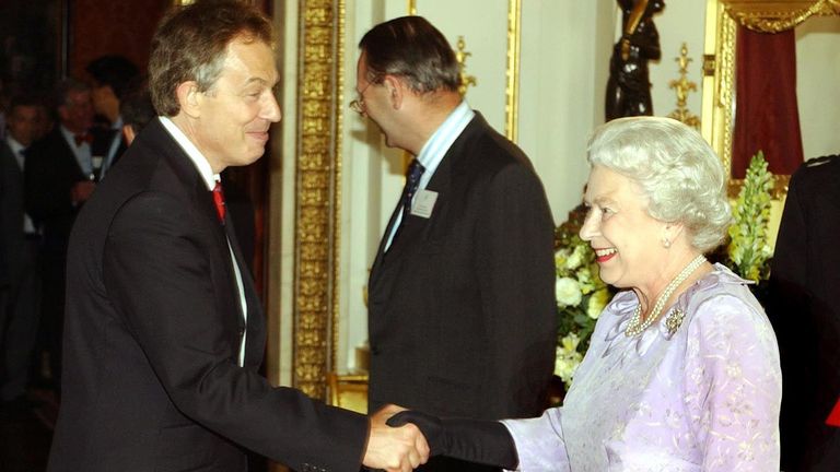 Prime Minister Tony Blair and the Queen at Buckingham Palace in July 2004