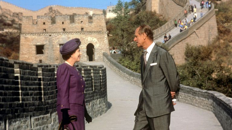 The Queen and the Duke of Edinburgh visit the Great Wall of China near Beijing in October 1986