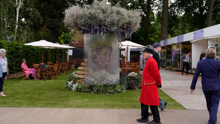 A design to celebrate the upcoming Platinum Jubilee of the 70 years reign of Britain&#39;s Queen Elizabeth II by Veevers Carter a luxury floral design agency is displayed during the press day at the RHS (Royal Horticultural Society) Chelsea Flower Show in London, Monday, May 23, 2022. World-renowned and quintessentially British, the annual show is a celebration of horticultural excellence and innovation. (AP Photo/Matt Dunham)
Pic:AP

