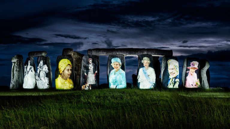 Undated handout photo issued by English Heritage of images of the Queen from each decade of her reign, projected on to Stonehenge in Wiltshire, to mark her Platinum Jubilee. Issue date: Monday May 30, 2022.
