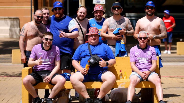 Rangers fans at the Alameda de Hercules ahead of the UEFA Europa League Final at the Estadio Ramon Sanchez-Pizjuan, Seville. Picture date: Wednesday May 18, 2022.
