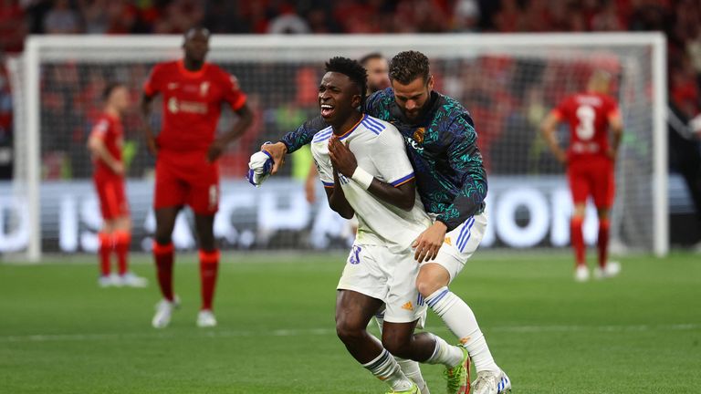 Real Madrid&#39;s Vinicius Junior celebrates after winning the Champions League