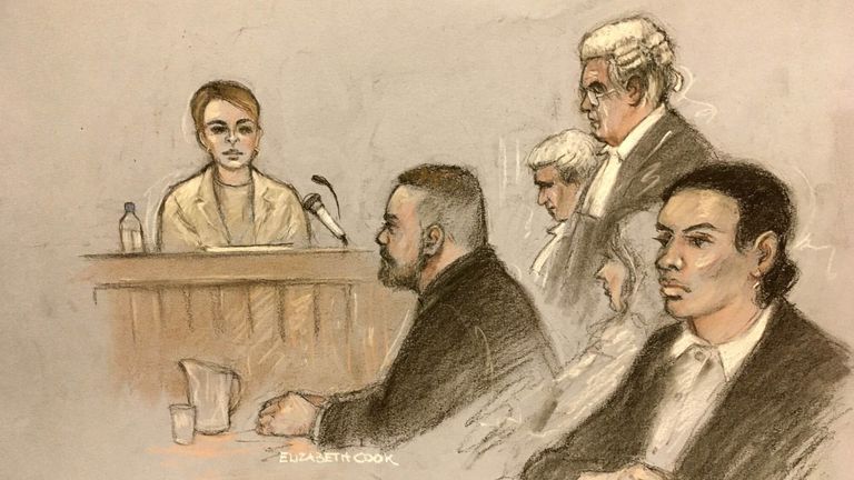 An artist&#39;s sketch of Coleen Rooney giving evidence as Wayne sits in front of her and Rebekah Vardy stares into the distance