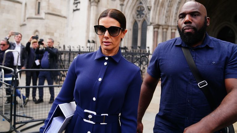 Rebekah Vardy leaves the Royal Courts Of Justice, London, as the high-profile libel battle between Rebekah Vardy and Coleen Rooney finally goes to trial. Picture date: Tuesday May 10, 2022.
