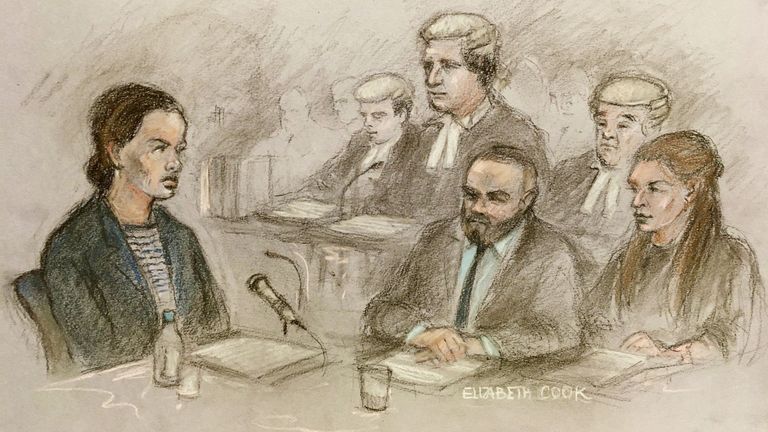 Court artist sketch by Elizabeth Cook of Coleen Rooney&#39;s barrister David Sherborne (centre back) questioning Rebekah Vardy (left) as she gives evidence at the Royal Courts Of Justice, London, as Coleen (right) and Wayne (second right) Rooney watch during the high-profile libel battle between herself and Coleen Rooney. Picture date: Thursday May 12, 2022.