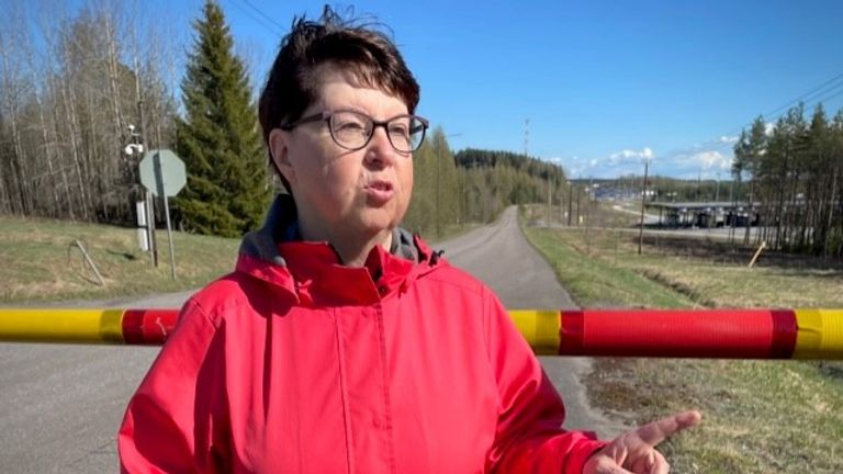 Riitta Mustonen, tour guide and translator, at a border crossing to Russia near Imatra, Finland ; 13 May 2022