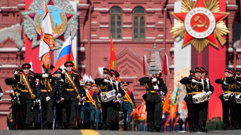 Russian servicemen march during the Victory Day military parade in Moscow, Russia, Monday, May 9, 2022, marking the 77th anniversary of the end of World War II. (AP Photo/Alexander Zemlianichenko)                             
PIC:AP                                                                                                                                                                                        