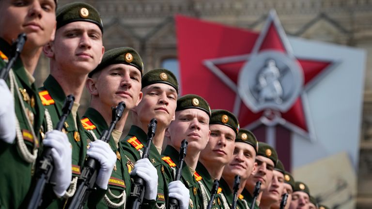 Russian servicemen during a dress rehearsal for the Victory Day military parade in Moscow. Pic: AP