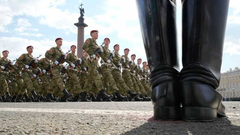 Troops march during a rehearsal for the Victory Day military parade. Pic: AP