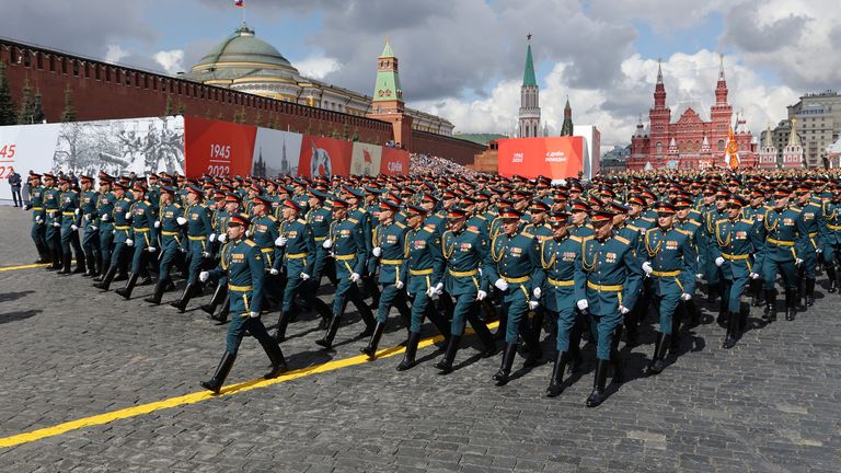 Russian service members march during a parade on Victory Day, which marks the 77th anniversary of the victory over Nazi Germany in World War Two, in Red Square in central Moscow, Russia May 9, 2022. REUTERS/Evgenia Novozhenina