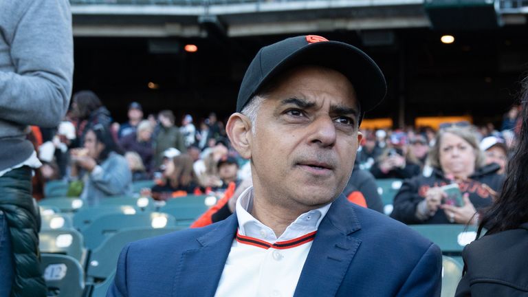 Mayor of London Sadiq Khan at the San Francisco Giants v Colorado Rockies baseball game at Oracle Park with the Mayor of San Francisco, London Breed (right), before pitching the first ball to start the game, during his 5 day visit to the US in a bid to boost London&#39;s tourism industry. Picture date: Tuesday May 10, 2022.