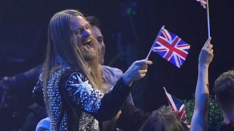 Sam Ryder from United Kingdom reacts during the Grand Final of the Eurovision Song Contest at Palaolimpico arena, in Turin, Italy, Saturday, May 14, 2022. (AP Photo/Luca Bruno)