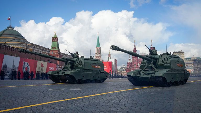 Russian self-propelled artillery vehicles roll during the Victory Day military parade in Moscow, Russia, Monday, May 9, 2022, marking the 77th anniversary of the end of World War II. (AP Photo/Alexander Zemlianichenko)    
PIC:AP                                                                                                                                                                                           
