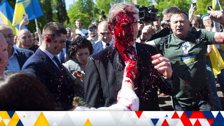  Russian Ambassador to Poland, Ambassador Sergey Andreev is covered with red paint  as he arrived at a cemetery in Warsaw to pay respects to Red Army soldiers who died during World War II

[13:01] Diapre, Peter (Assistant Output Editor)
Whiteside, Phil (News Reporter, Digital) Mee, Emily (Live Blogger) wallace clip https://digitalcms.cf.sky.com/story-manager/video/12609319
 like 1
Sign In

