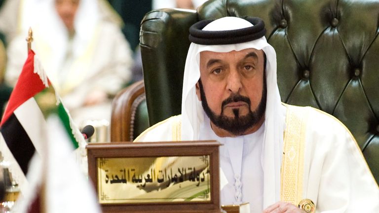FILE PHOTO: United Arab Emirates President Sheikh Khalifa bin Zayed al-Nahyan listens to closing remarks during the closing ceremony of the Gulf Cooperation Council (GCC) summit in Kuwait&#39;s Bayan Palace December 15, 2009. REUTERS/Stephanie McGehee/File Photo
