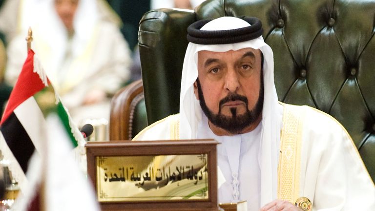 FILE PHOTO: United Arab Emirates President Sheikh Khalifa bin Zayed al-Nahyan listens to closing remarks during the closing ceremony of the Gulf Cooperation Council (GCC) summit in Kuwait&#39;s Bayan Palace December 15, 2009. REUTERS/Stephanie McGehee/File Photo
