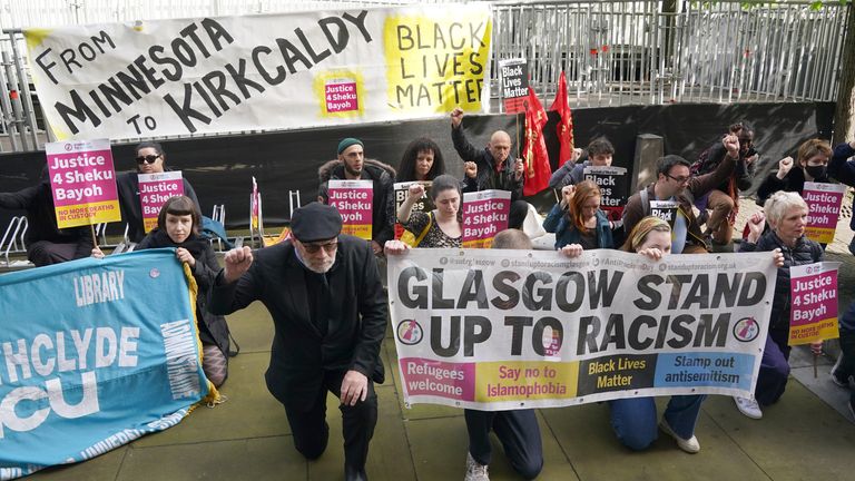 Protesters and supporters for the Bayoh family outside Capital House in Edinburgh for the public inquiry into Sheku Bayoh's death. Bayoh died in May 2015 after he was restrained by officers responding to a call in Kirkcaldy, Fife. Picture date: Tuesday May 24, 2022.

