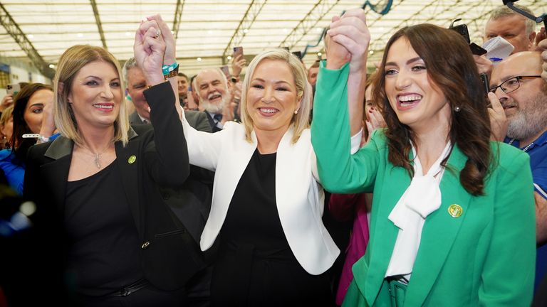 Sinn Fein Deputy Leader Michelle O'Neill reacts to her mid-Ulster election at the Northern Ireland Assembly election tally center at Meadowbank Sports Arena in Magherafelt in County Londonderry .  Picture date: Friday May 6, 2022.