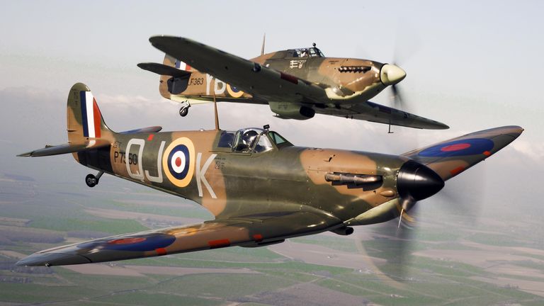 A Spitfire (front) flying alongside a Hurricane from the Battle of Britain Memorial Flight in 2010