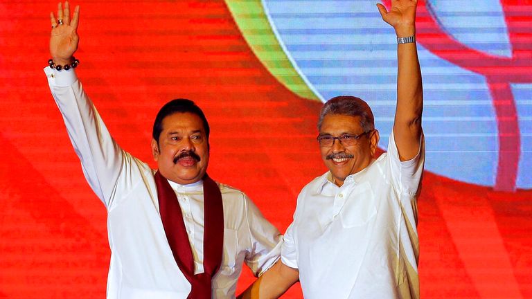 Sri Lankans are calling for the resignations of their prime minister Mahinda Rajapaksa, left, and their president Gotabaya Rajapaksa, right 