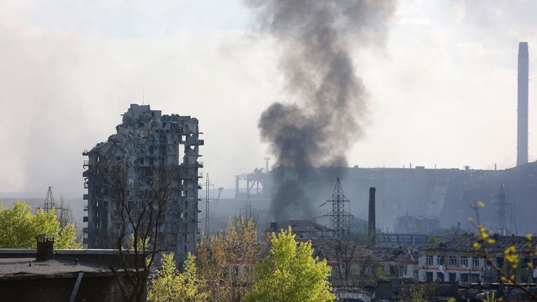 Smoke was seen rising from the Azovstal steel mill yesterday 