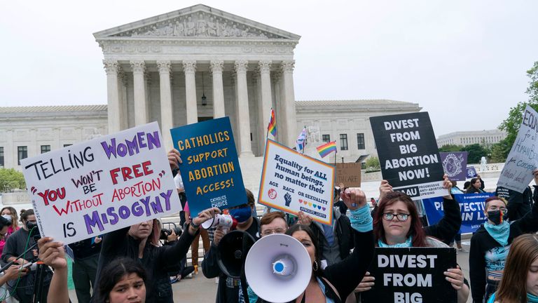 Demonstrators protest outside of the U.S. Supreme Court Tuesday, May 3, 2022 in Washington. A draft opinion suggests the U.S. Supreme Court could be poised to overturn the landmark 1973 Roe v. Wade case that legalized abortion nationwide, according to a Politico report released Monday. Whatever the outcome, the Politico report represents an extremely rare breach of the court&#39;s secretive deliberation process, and on a case of surpassing importance. (AP Photo/Jose Luis Magana)