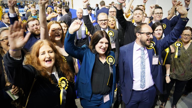 SNP&#39;s Susan Aitken (centre) celebrates at the Glasgow City Council count at the Emirates Arena in Glasgow, in the local government elections. Picture date: Friday May 6, 2022.