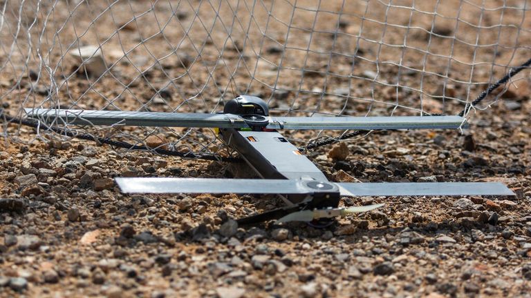 This image provided by the U.S. Marine Corps, shows a Switchblade 300 10C drone system that was being used as part of a training exercise at Marine Corps Air Ground Combat Center Twentynine Palms, Calif., on Sept. 24, 2021. (Cpl. Alexis Moradian/U.S. Marine Corps via AP)                                                                                                                