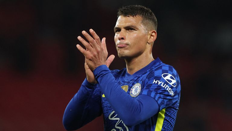 Soccer Football - Premier League - Manchester United v Chelsea - Old Trafford, Manchester, Britain - April 28, 2022 Chelsea&#39;s Thiago Silva applauds fans after the match REUTERS/Phil Noble 