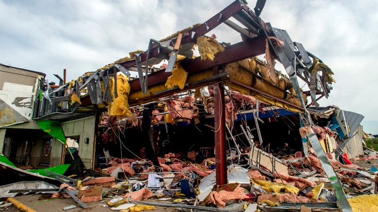 The remains of the Goodwill building on Saturday, May 21 after as an EF3 tornado ripped through M-32 on Friday in Gaylord. So far, two people are dead, and an additional 44 injured after the May 20 natural disaster, according to Michigan State Police. (Jake May | MLive.com)