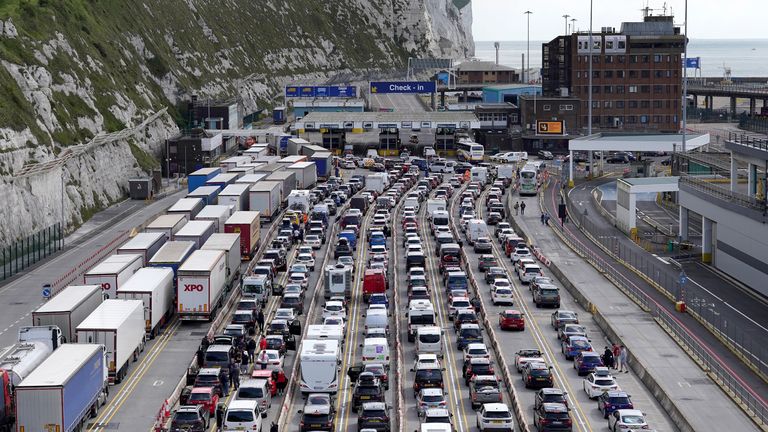 Freight and holiday traffic queues at the Port of Dover in Kent. Picture date: Friday May 27, 2022.

