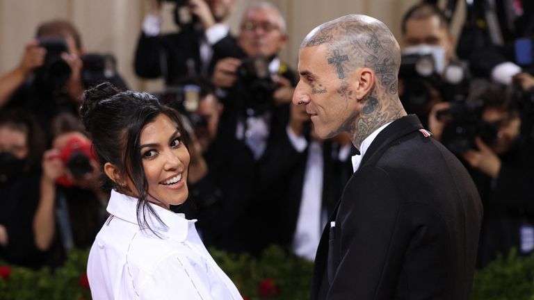 Travis Barker and Kourtney Kardashian arrive at the In America: An Anthology of Fashion themed Met Gala at the Metropolitan Museum of Art in New York City, New York, U.S., May 2, 2022. REUTERS/Andrew Kelly