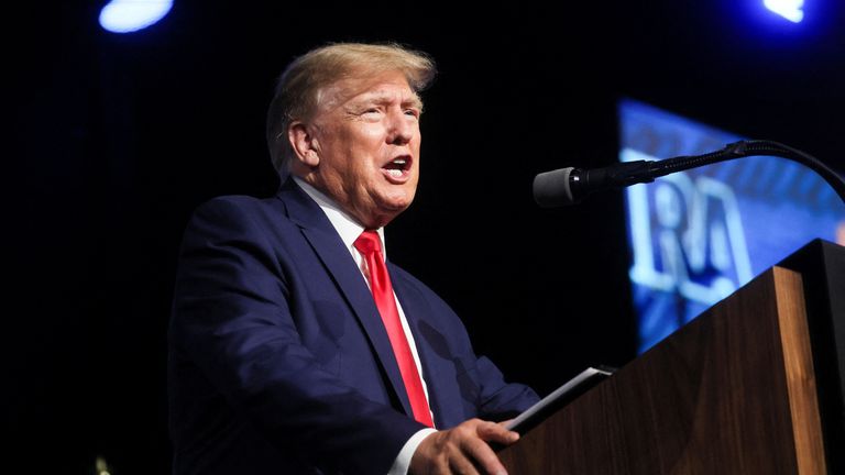 Former U.S. President Donald Trump speaks during the National Rifle Association (NRA) annual convention in Houston, Texas, U.S. May 27, 2022. REUTERS/Shannon Stapleton