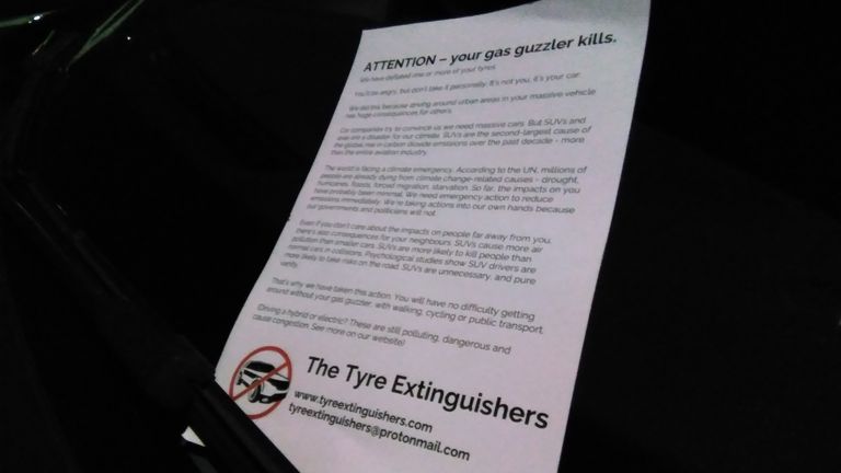 The group post a notice on SUVs after deflating their tyres