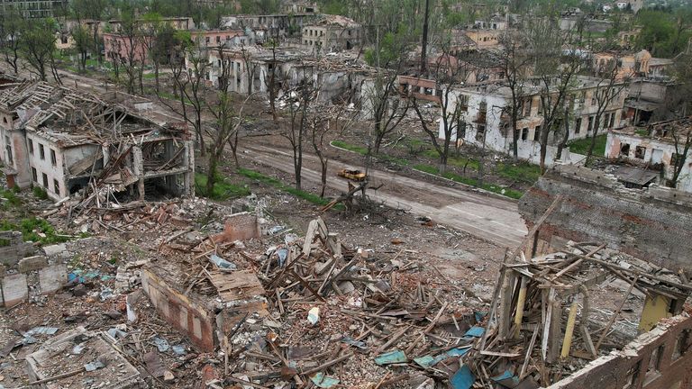 A view shows destroyed buildings located near Azovstal Iron and Steel Works, during Ukraine-Russia conflict in the southern port city of Mariupol, Ukraine May 22, 2022. Picture taken with a drone. REUTERS/Pavel Klimov
