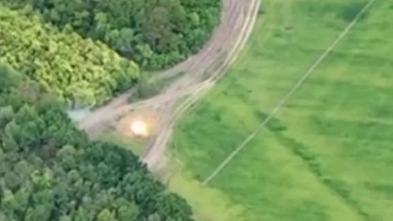 Aerial footage appearing to show a rocket hit on a Russian armoured troop carrier in Ukraine following an ambush by foreign fighters including Ben Grant, son of a UK MP
