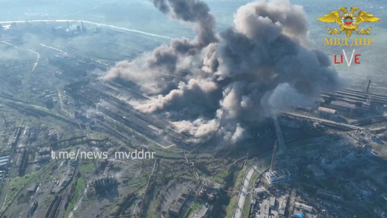 An aerial view of rising smoke after a possible shelling of the Azovstal complex in Mariupol, Ukraine, in this still image from handout video acquired by Reuters on May 5, 2022. Interior Ministry Donetsk People's Republic /Handout via REUTERS THIS IMAGE WAS PROVIDED BY A THIRD PARTY