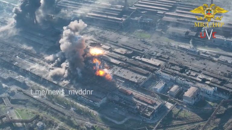 An aerial view of a possible shelling of Azovstal complex, in Mariupol, Ukraine, in this still image from a handout video acquired by Reuters on May 5, 2022. Ministry of Internal Affairs Donetsk People's Republic/Handout via REUTERS THIS IMAGE HAS BEEN SUPPLIED BY A THIRD PARTY
