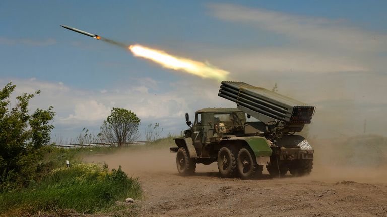 A Donetsk People&#39;s Republic militia&#39;s multiple rocket launcher fires from its position not far from Panteleimonivka in eastern Ukraine