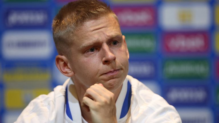 Soccer Football - FIFA World Cup - UEFA Qualifiers - Ukraine Press Conference - Hampden Park, Glasgow, Scotland, Britain - May 31, 2022 Ukraine&#39;s Oleksandr Zinchenko reacts during the press conference Action Images via Reuters/Lee Smith
