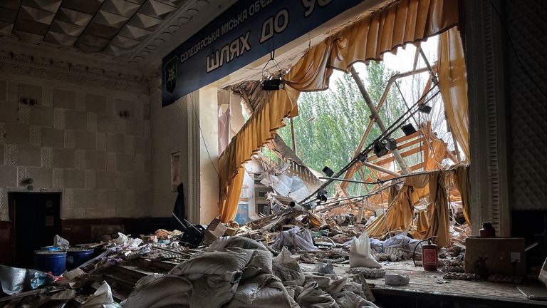 Devastation in Soledar’s theatre. Pic: Chris Cunningham