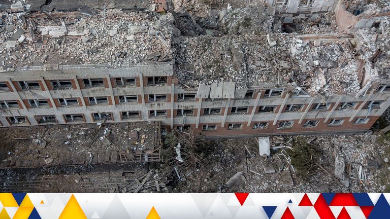 A destroyed building is seen after a rocket attack on a university campus, amid Russia&#39;s invasion, in Bakhmut, in the Donetsk region, Ukraine, May 21, 2022. Picture taken with a drone. REUTERS/Carlos Barria