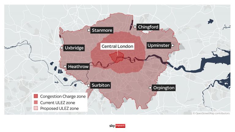 A map showing the current ULEZ and proposed area of expansion
