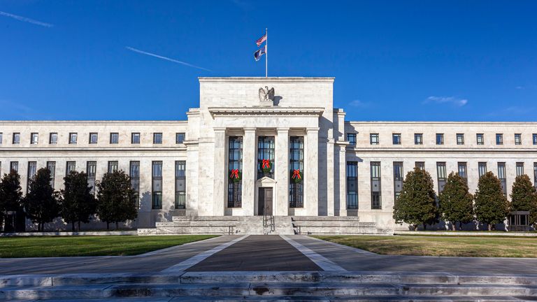 Washington DC, USA, 11-29-2020:  Panoramic view of the Marriner S. Eccles Federal Reserve Board Building (Eccles Building) that houses main offices of the Board of Governors of US Federal Reserve.