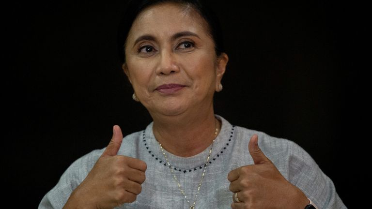 Philippine Vice President and presidential candidate Leni Robredo gestures as she addresses members of the media, at her home in Magarao, Camarines Sur, Philippines, May 10, 2022. REUTERS / Lisa Marie David