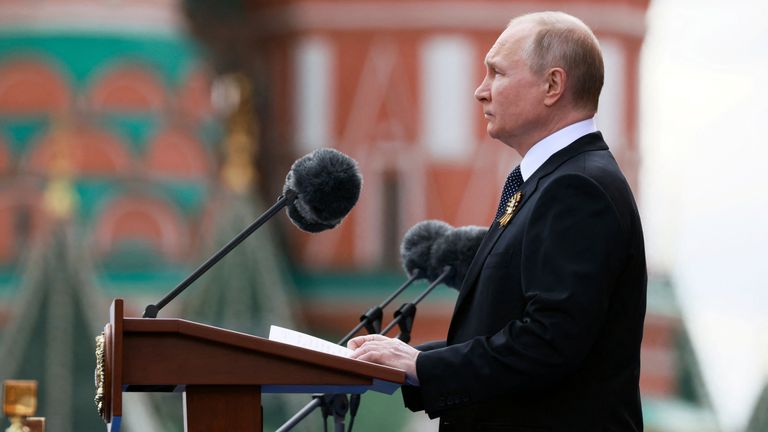Russian President Vladimir Putin delivers a speech during a military parade on Victory Day, which marks the 77th anniversary of the victory over Nazi Germany in World War Two, in Red Square in central Moscow, Russia May 9, 2022. Sputnik/Mikhail Metzel/Pool via REUTERS ATTENTION EDITORS - THIS IMAGE WAS PROVIDED BY A THIRD PARTY.