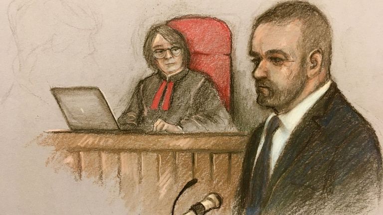 A court sketch by Elizabeth Cook depicts Wayne Rooney giving evidence 